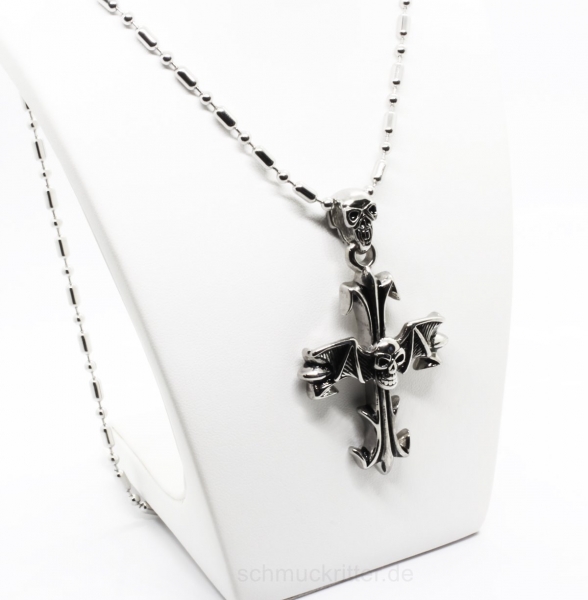 Edelstahl Halskette mit Anhänger Kreuz Totenkopf