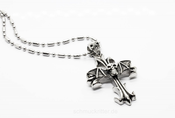 Edelstahl Halskette mit Anhänger Kreuz Totenkopf