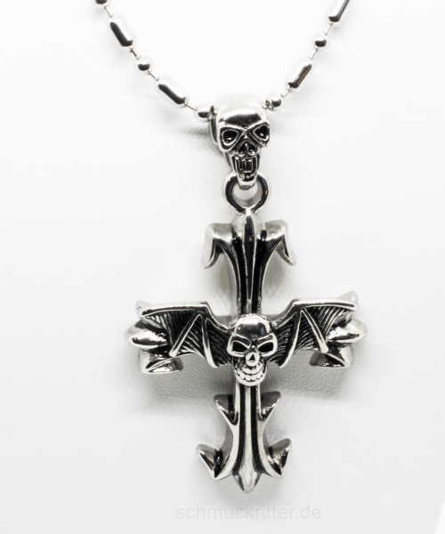 Edelstahl Halskette mit Anhänger Kreuz Totenkopf